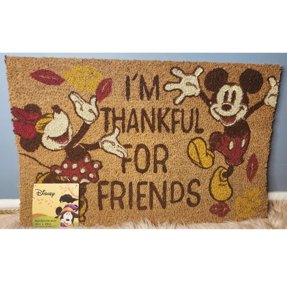NWT DISNEY MICKEY & MINNIE MOUSE I'M THANKFUL FOR FRIENDS OUTDOOR MAT - Picture 1 of 4